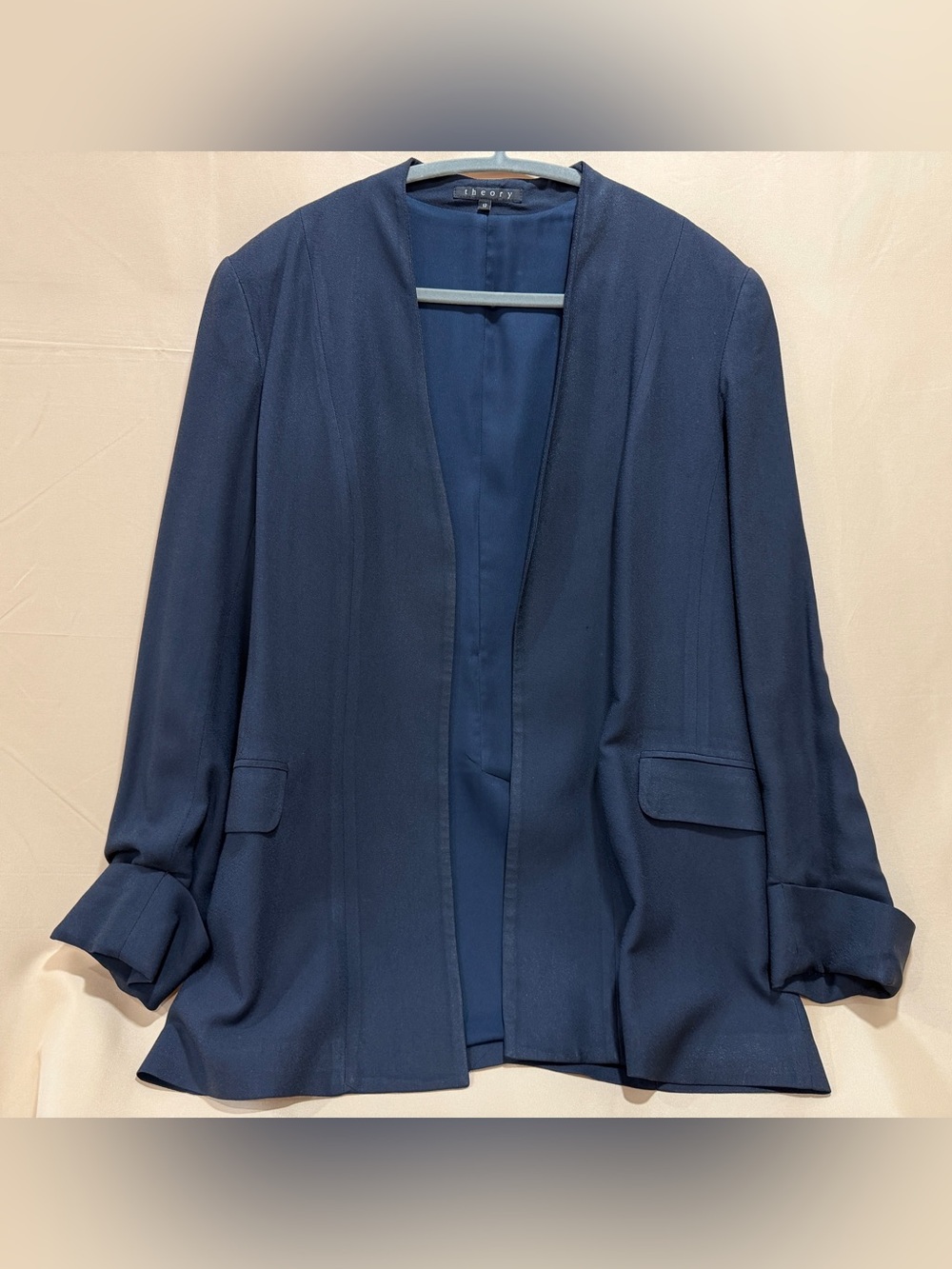 Theory Open Front Blazer Dark Navy Ruched Sleeve Womens Sz 12 Career Office